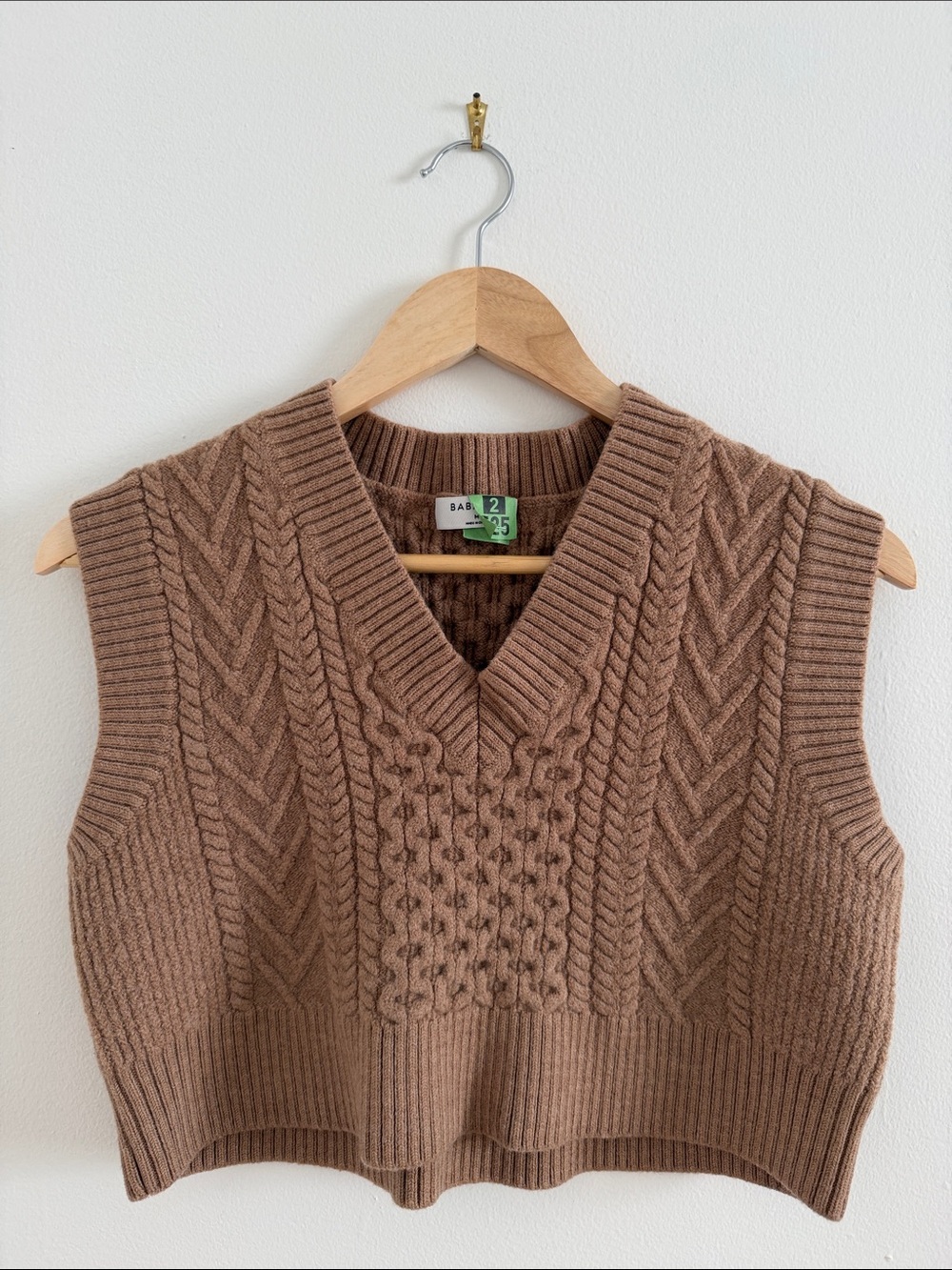 Babaton Cropped Brown Cable-Knit V-Neck Merino Wool Sweater Vest Preppy Academia